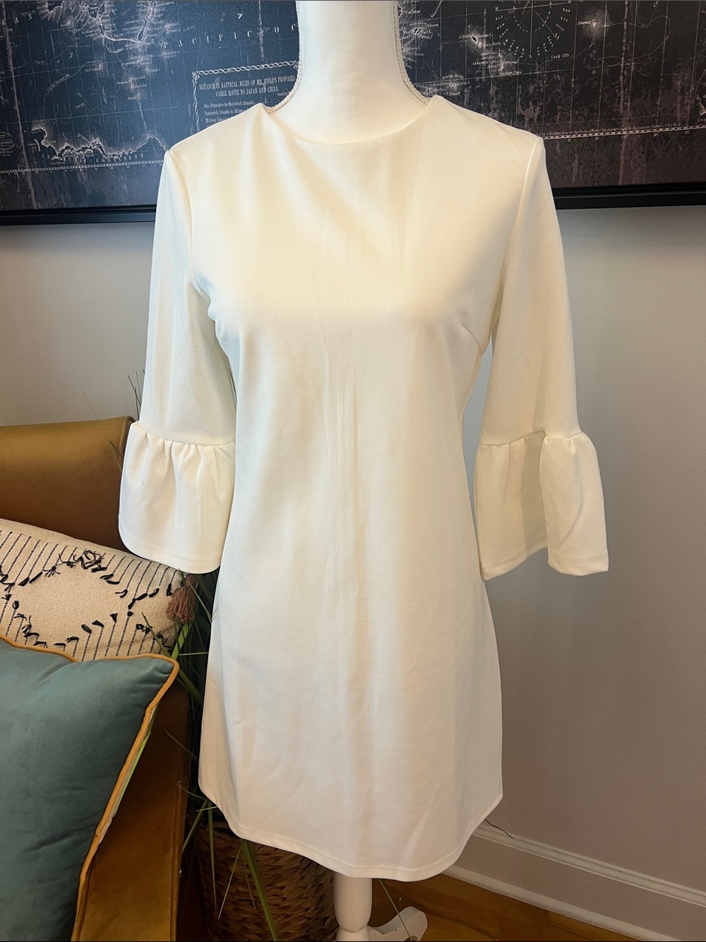 White Ruffle Sleeve Shift Dress